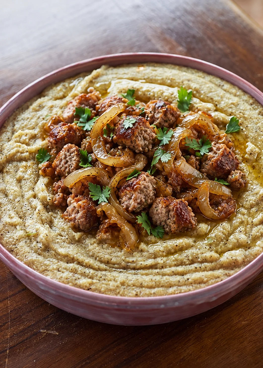 Polenta taragna con salsiccia e cipolle caramellate