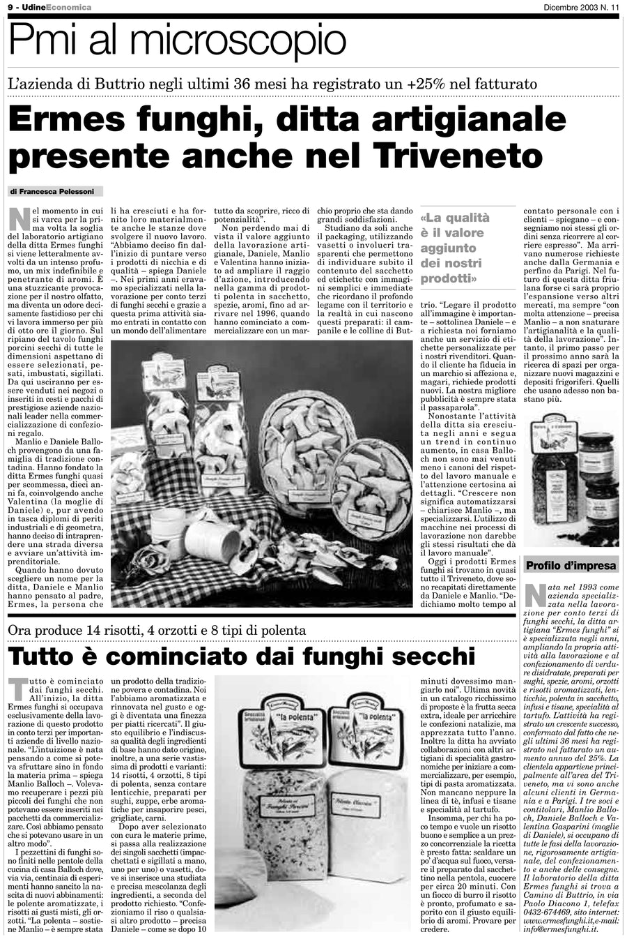 Articolo di UdineEconomia del 2003 dedicato a Ermes Funghi