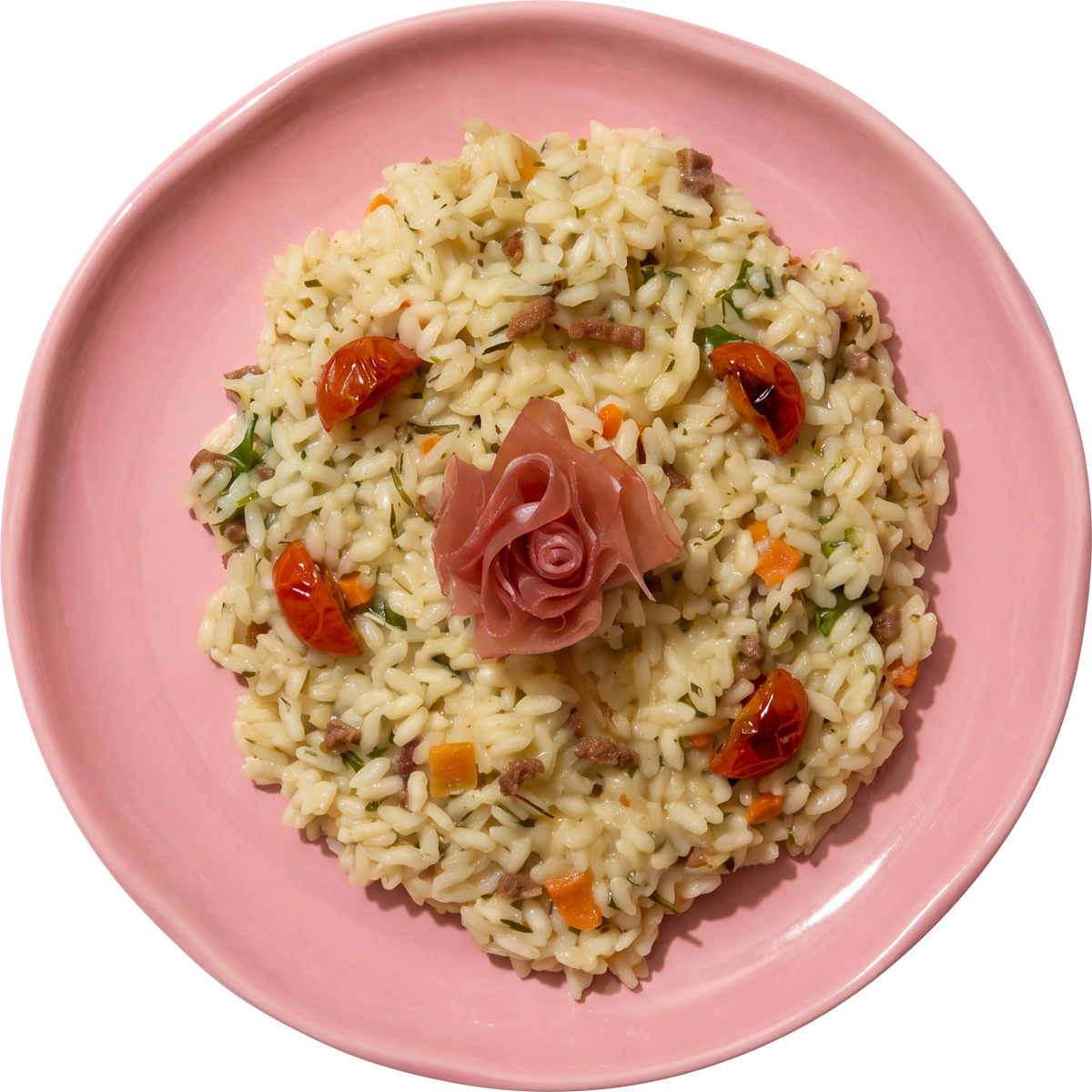 Risotto alla Rucola e Speck, piatto cotto visto dall’alto