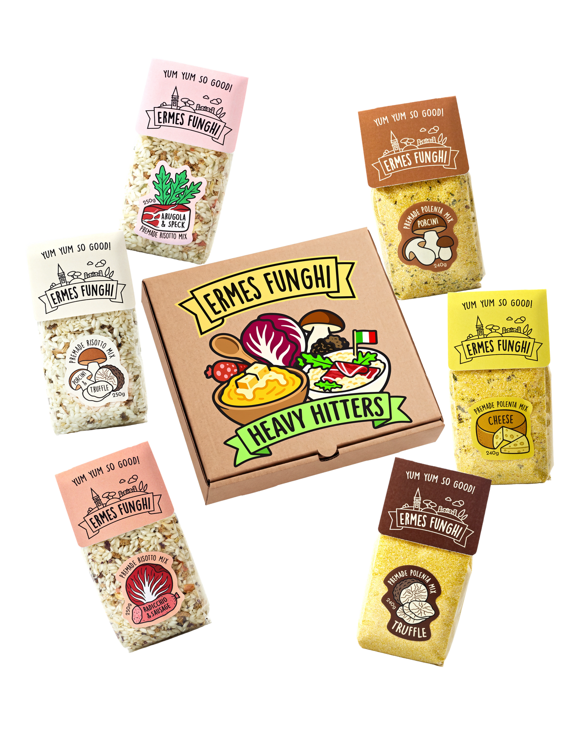 Ermes Funghi Heavy Hitters: the box with three risottos and three polentas