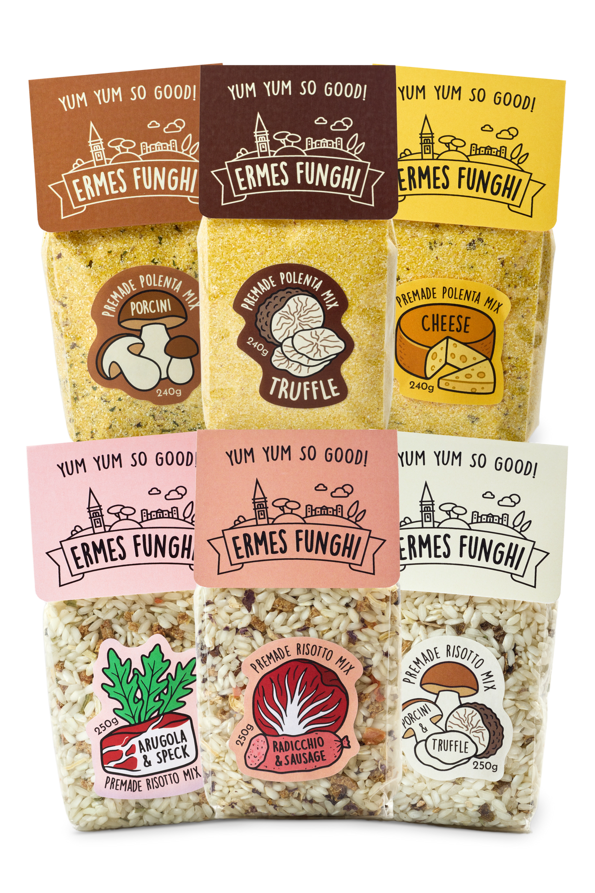 Heavy Hitters — three risotto and three polenta pouches by Ermes Funghi