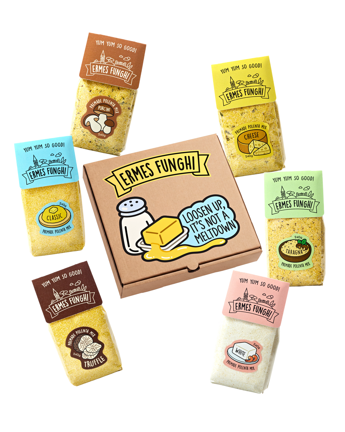 Ermes Funghi Polenta starter box: the box with six polentas