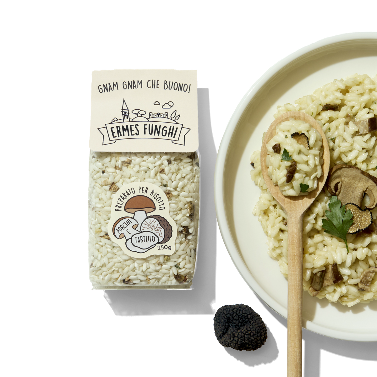 Porcini & Truffle Risotto – ingredients and prepared dish