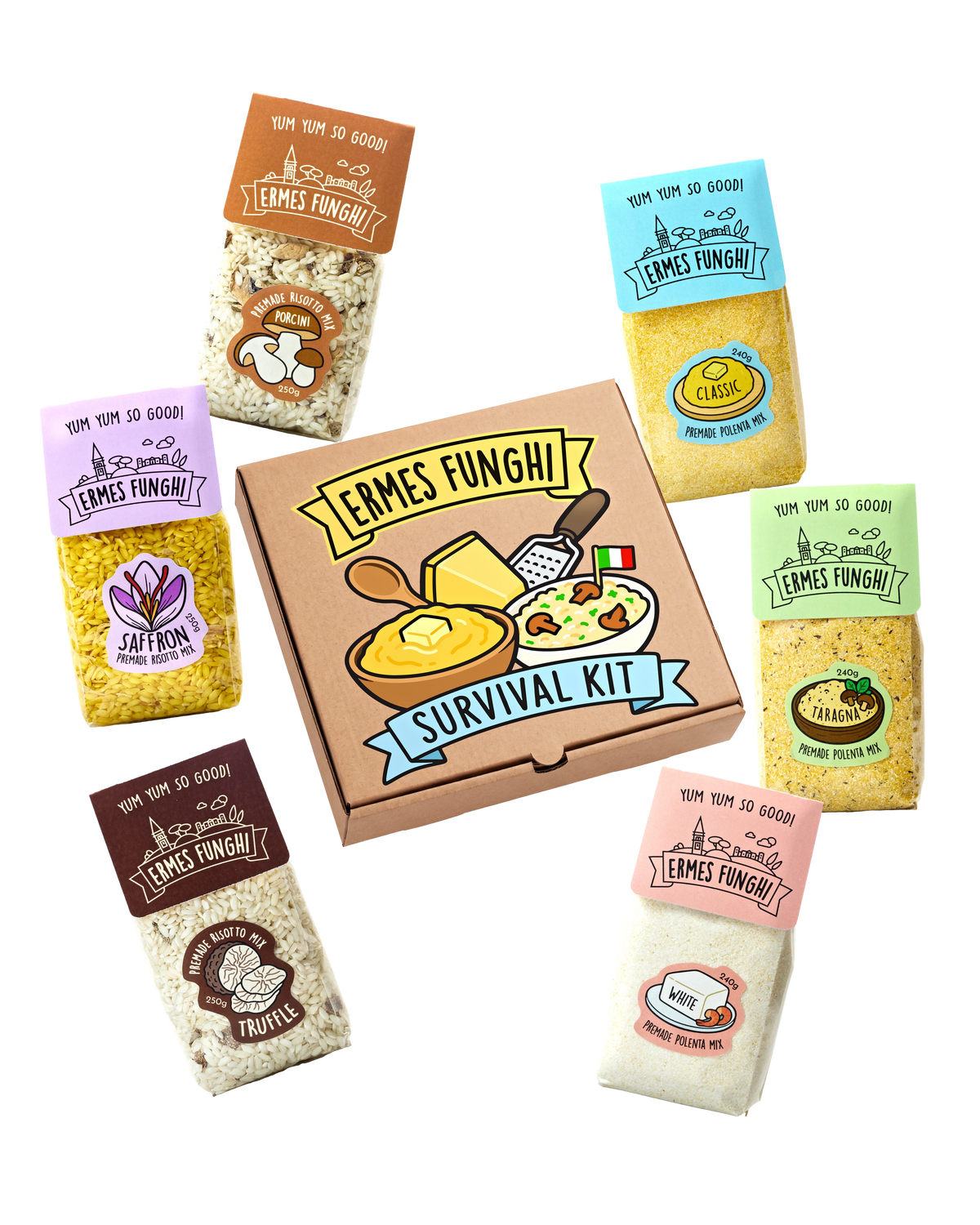 Ermes Funghi Survival Kit: the box with three risottos and three polentas